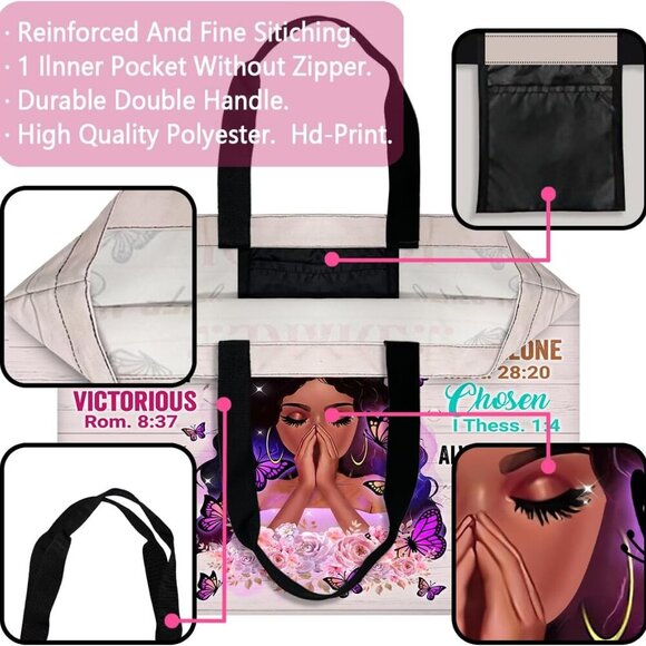 African American Queen Handbag Black Polyester Large Tote Water-Repellent - Picture 3 of 8